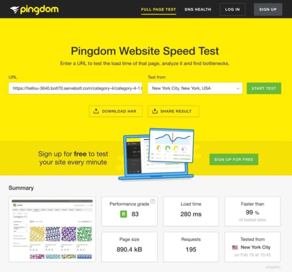Pingdom webpage