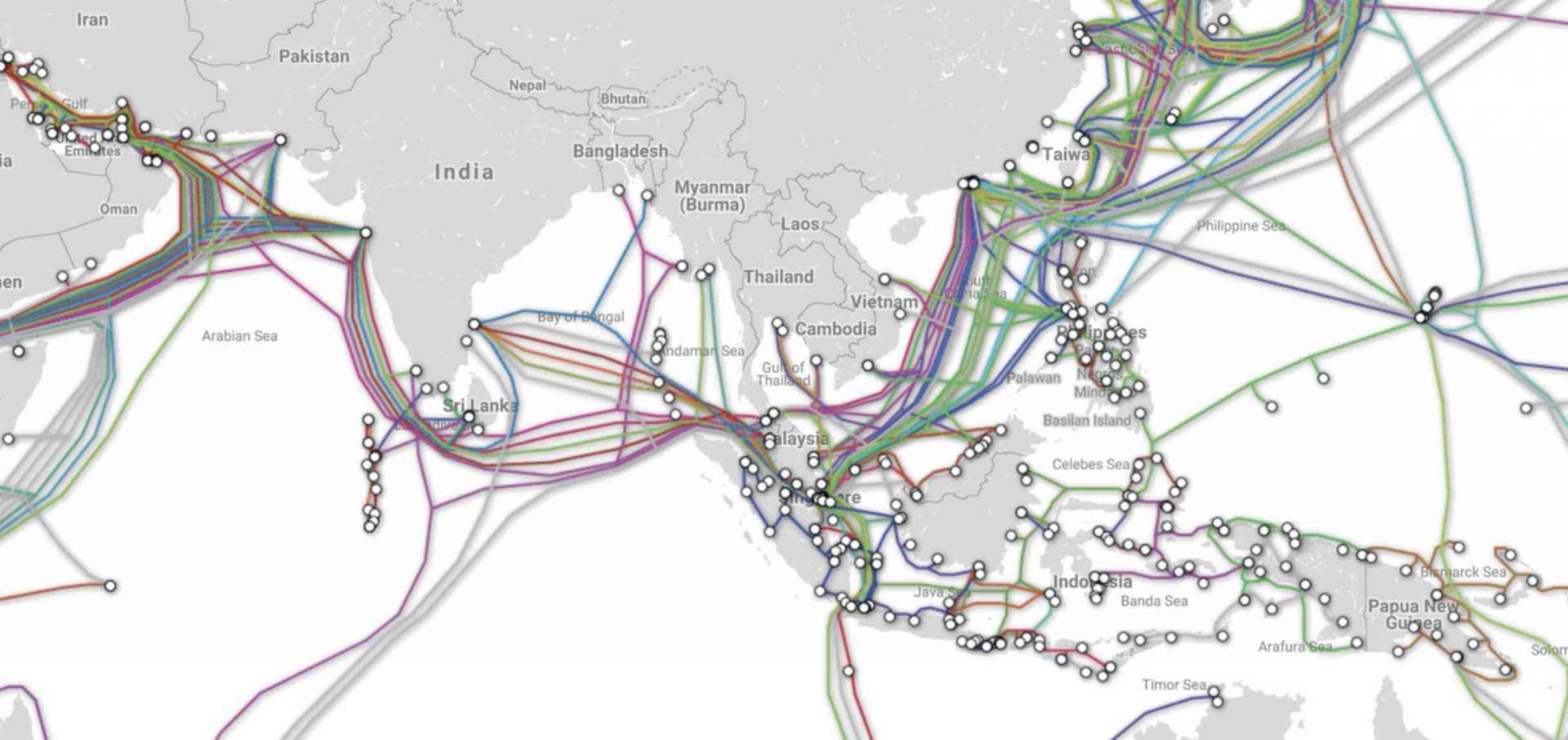 Image of internet sea cables in South-East Asia from submarinecablemap.com