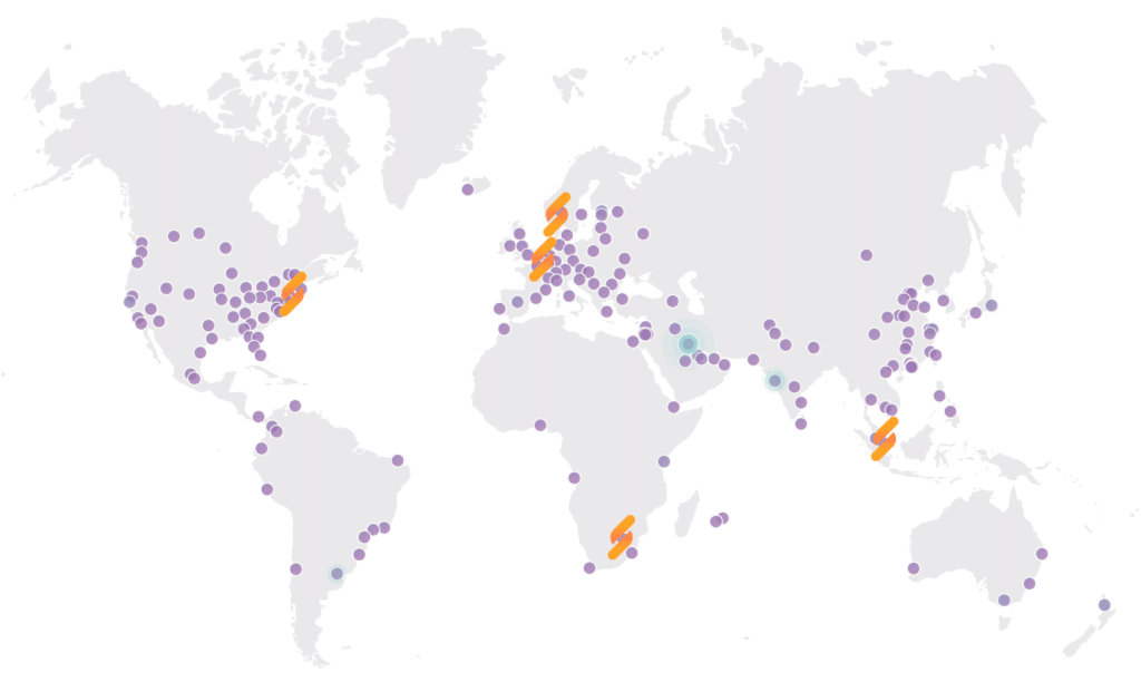 A World Map with Servebolt Cloud regions and Cloudflare Edge locations