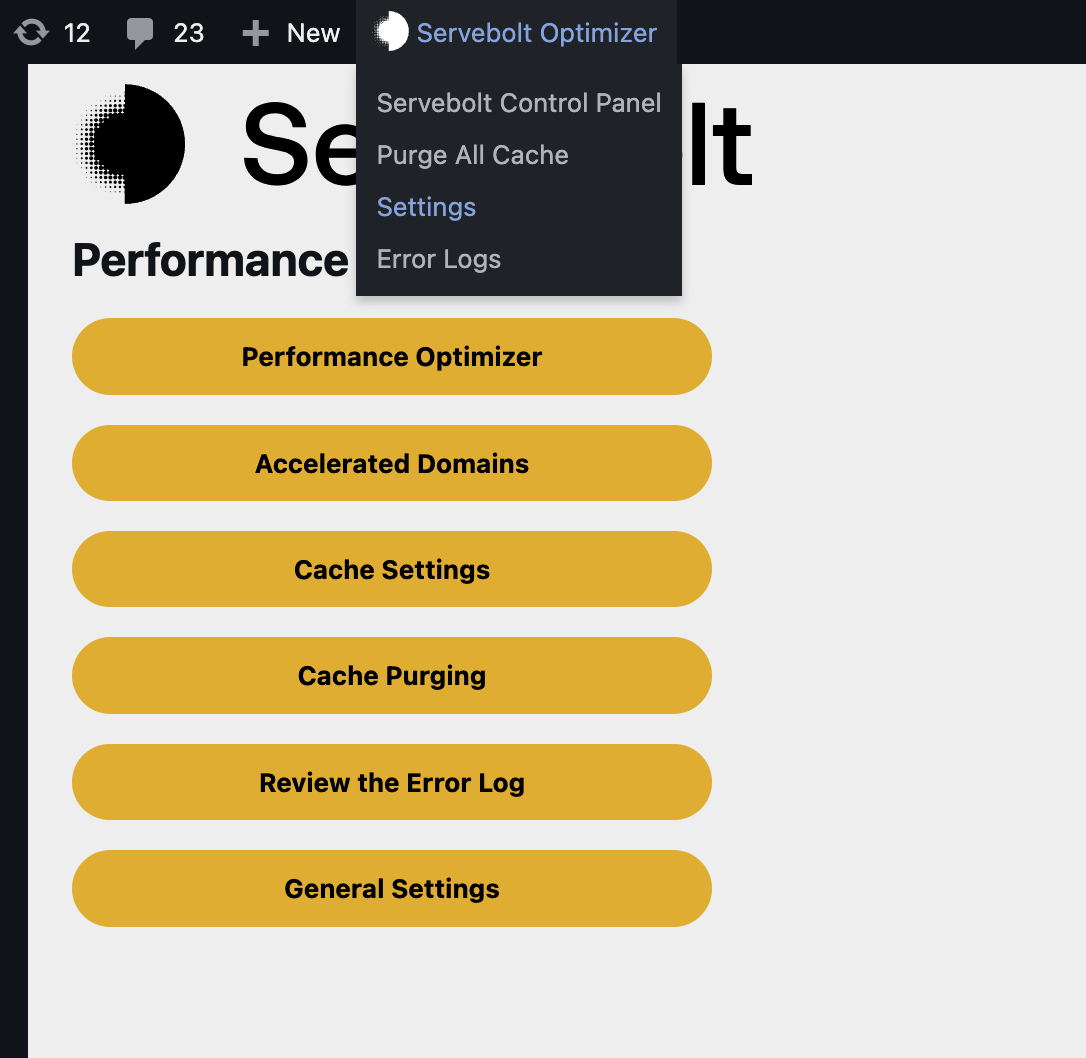 Image of Servebolt Optimizer's settings in the WordPress Dashboard.
