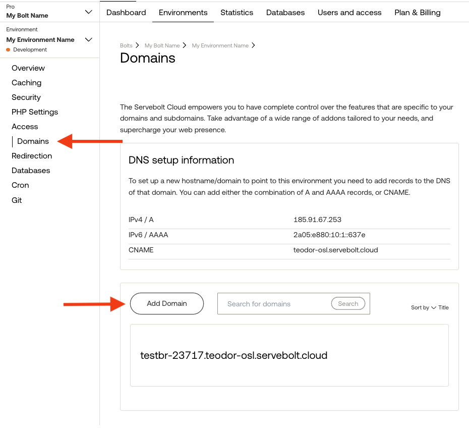 Image sharing how you can add a domain to an environment in the Servebolt Admin Panel