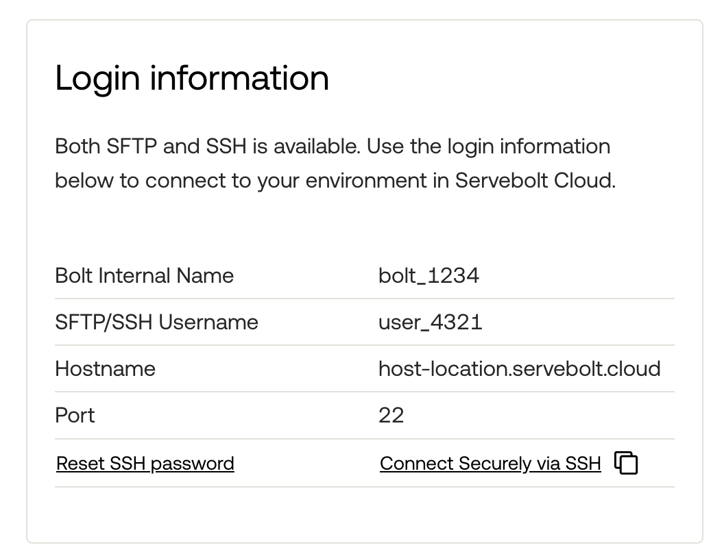 Image showing SSH and SFTP login information from the Servebolt Admin Panel.