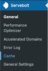 Servebolt Optimizer menu with 'Cache' highlighted.