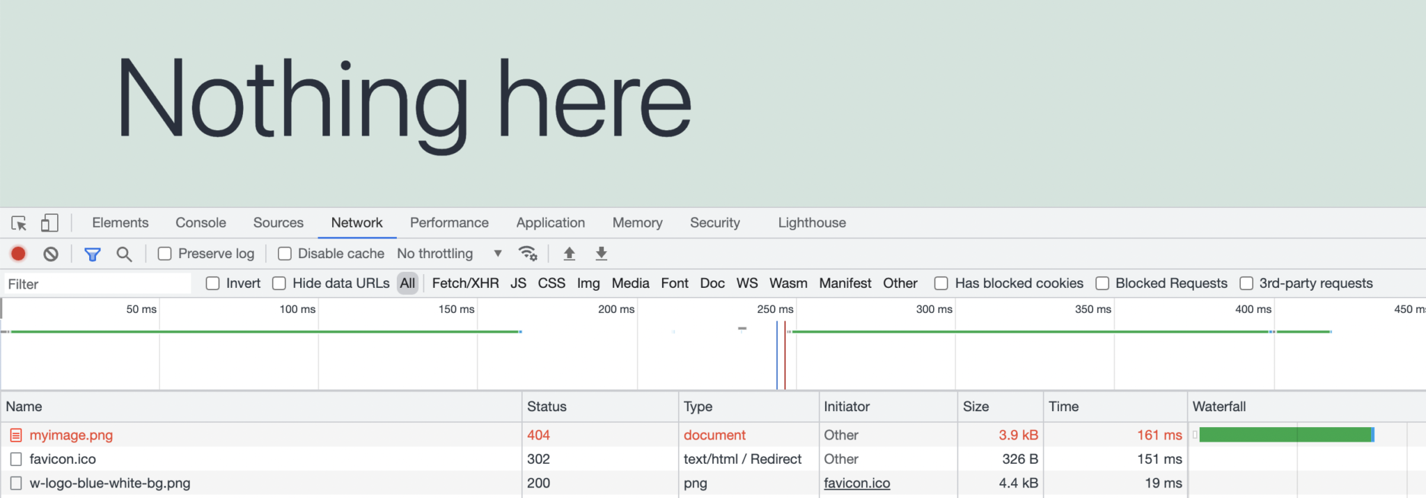 Example image of Developer Tools with a visible 404 error.