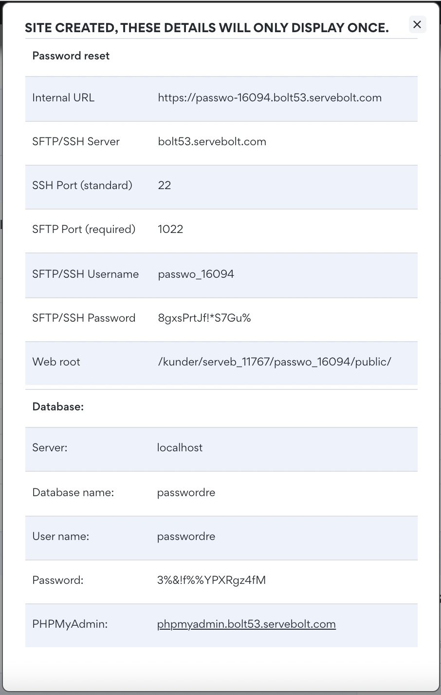 Image shared from the Servebolt Admin Panel, sharing SFTP/SSH and database credentials