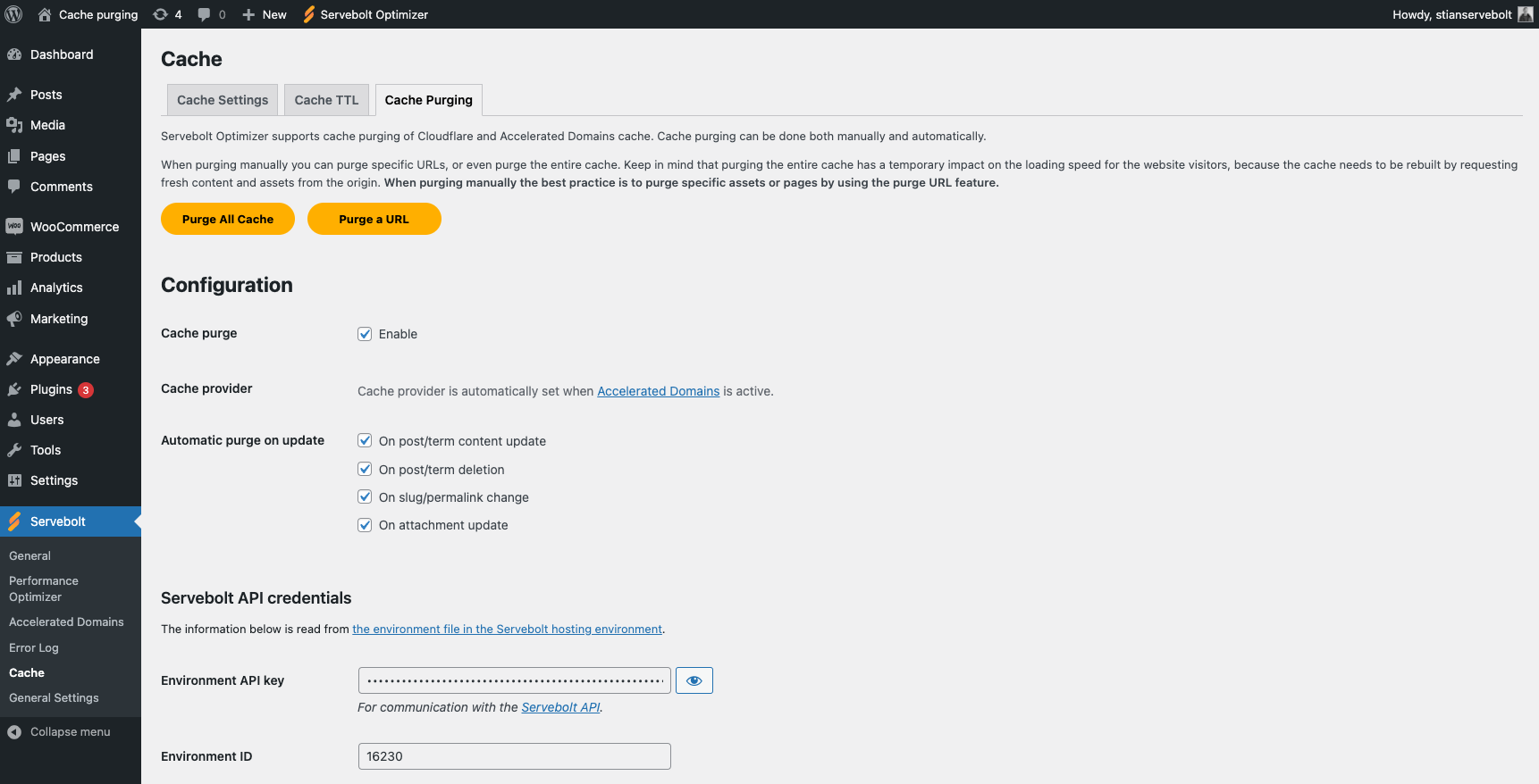Image showing the cache purge options in Servebolt's Servebolt Optimizer plugin for WordPress