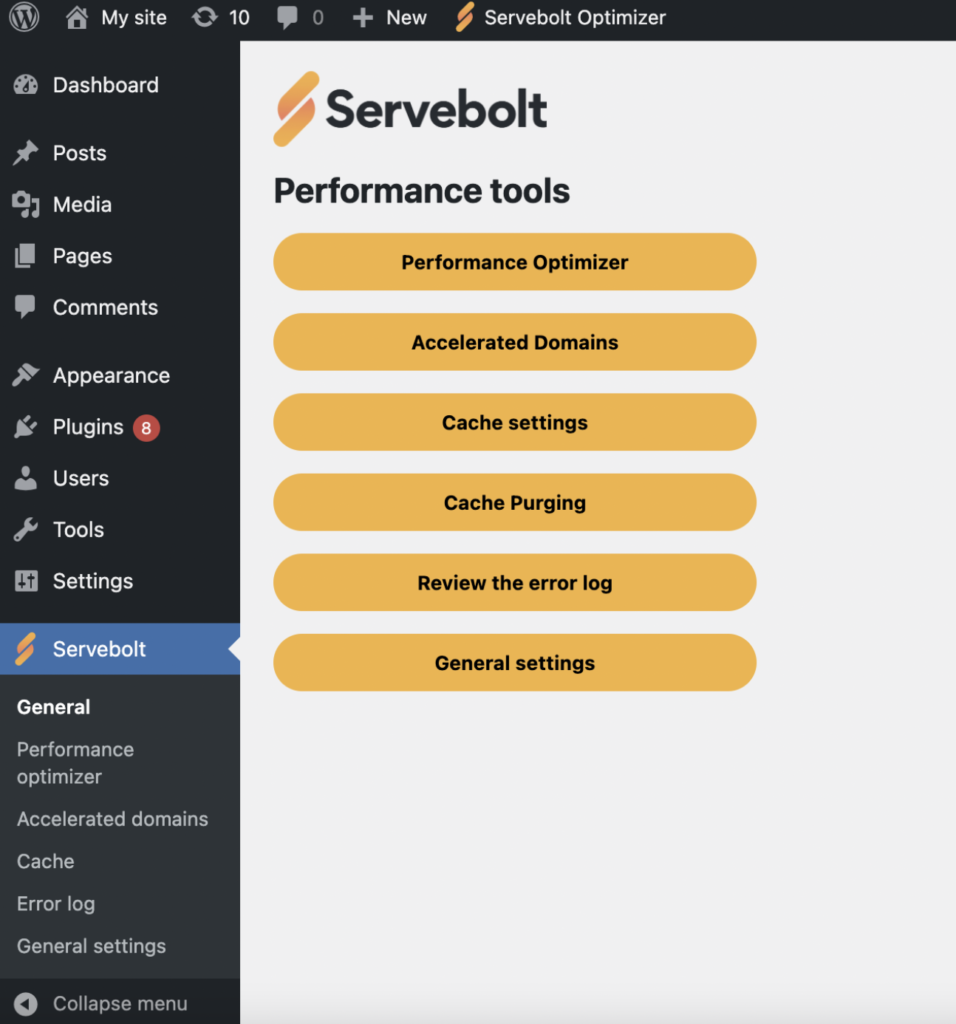 Image of Servebolt Optimizer in the WordPress backend