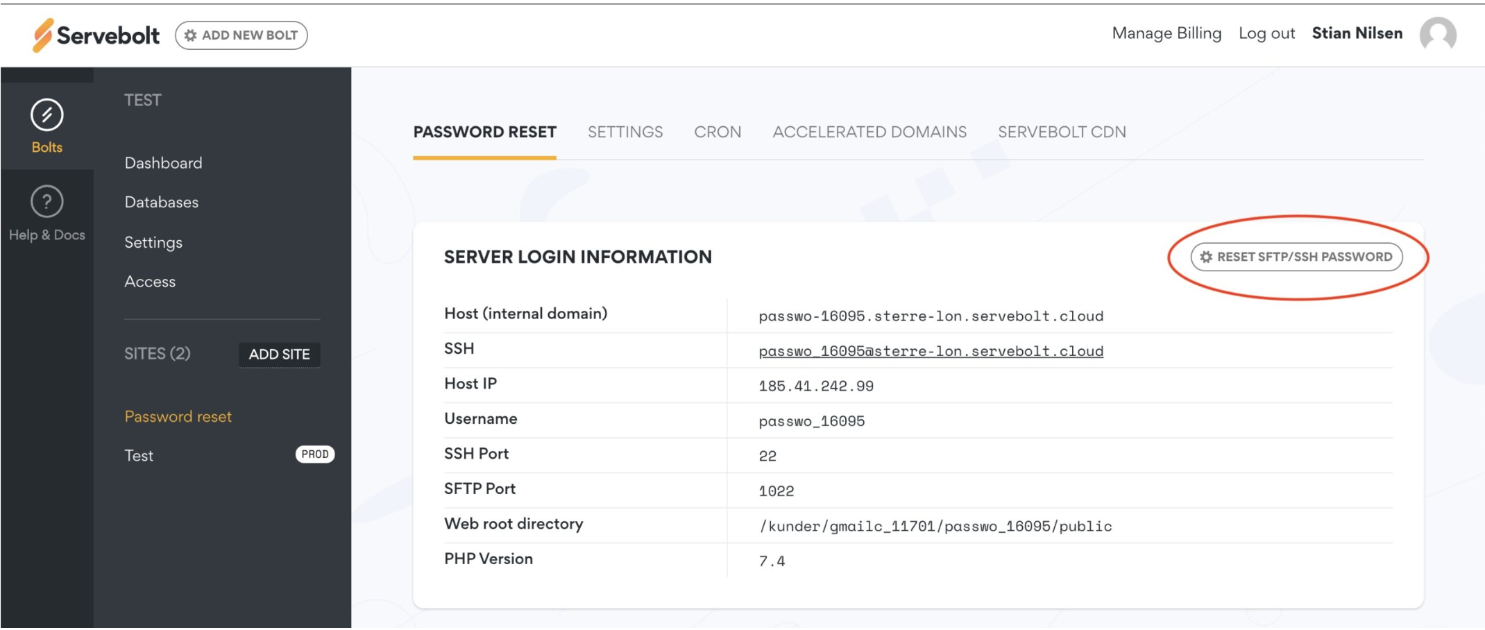Servebolt Control Panel, reset SFTP/SSH Password