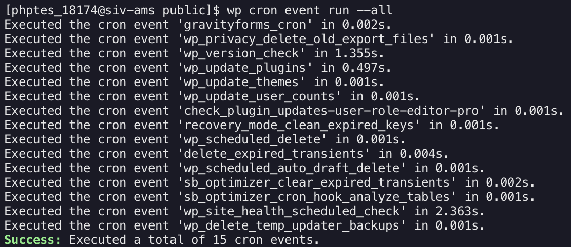 Image of a successful output by running wp cron event run --all with no errors