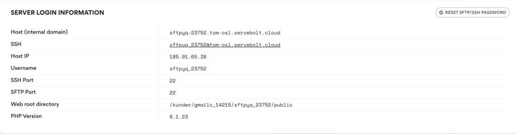 Image showing the server login information in the Servebolt Admin Panel
