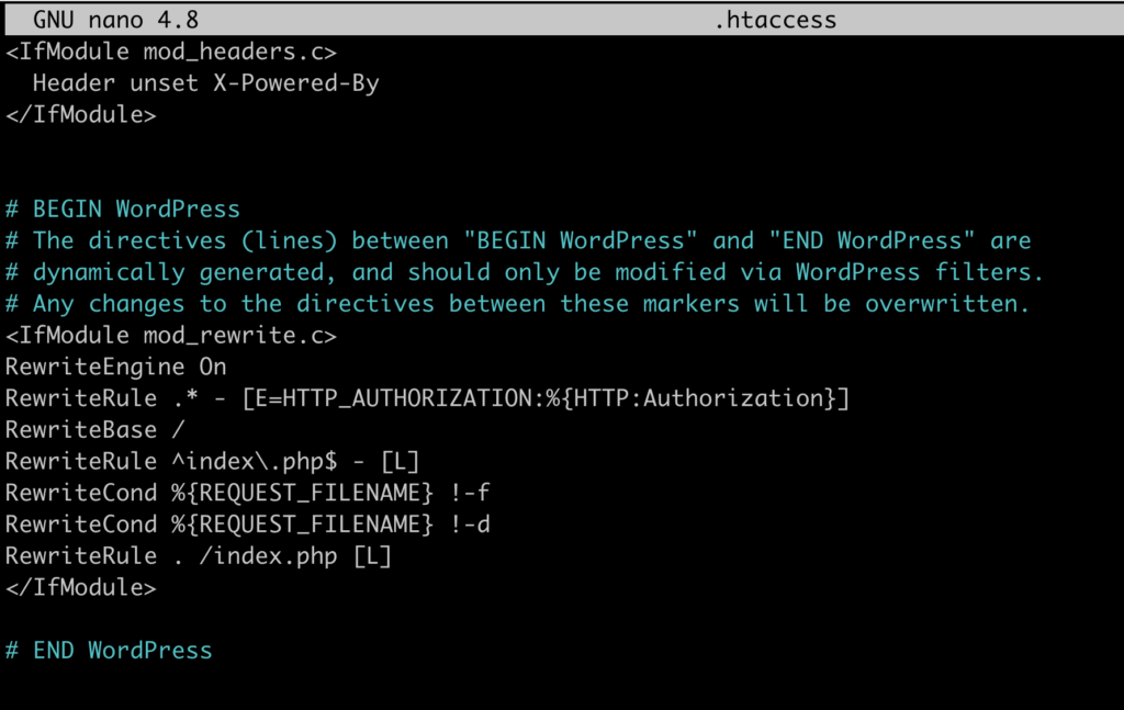 Image from the terminal, showing the .htaccess file