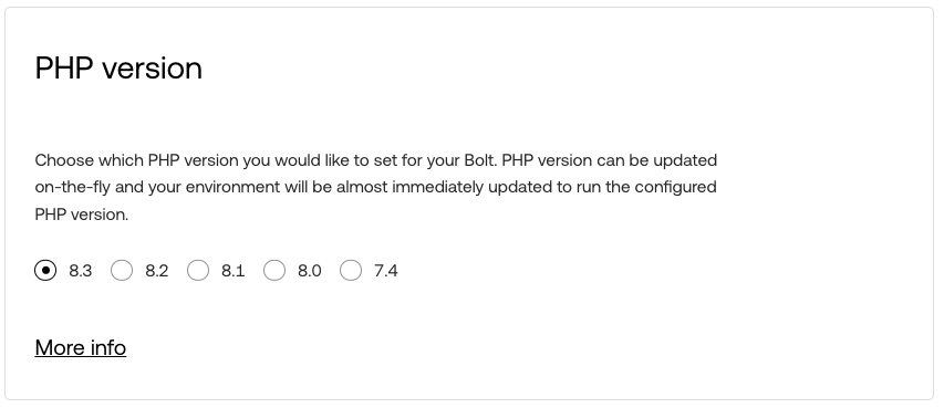 Image from the Servebolt Admin Panel, showcasing the PHP version selector