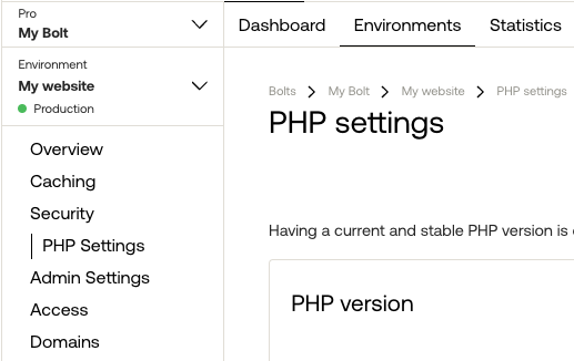 Image from the Servebolt Admin Panel, showcasing the PHP settings page