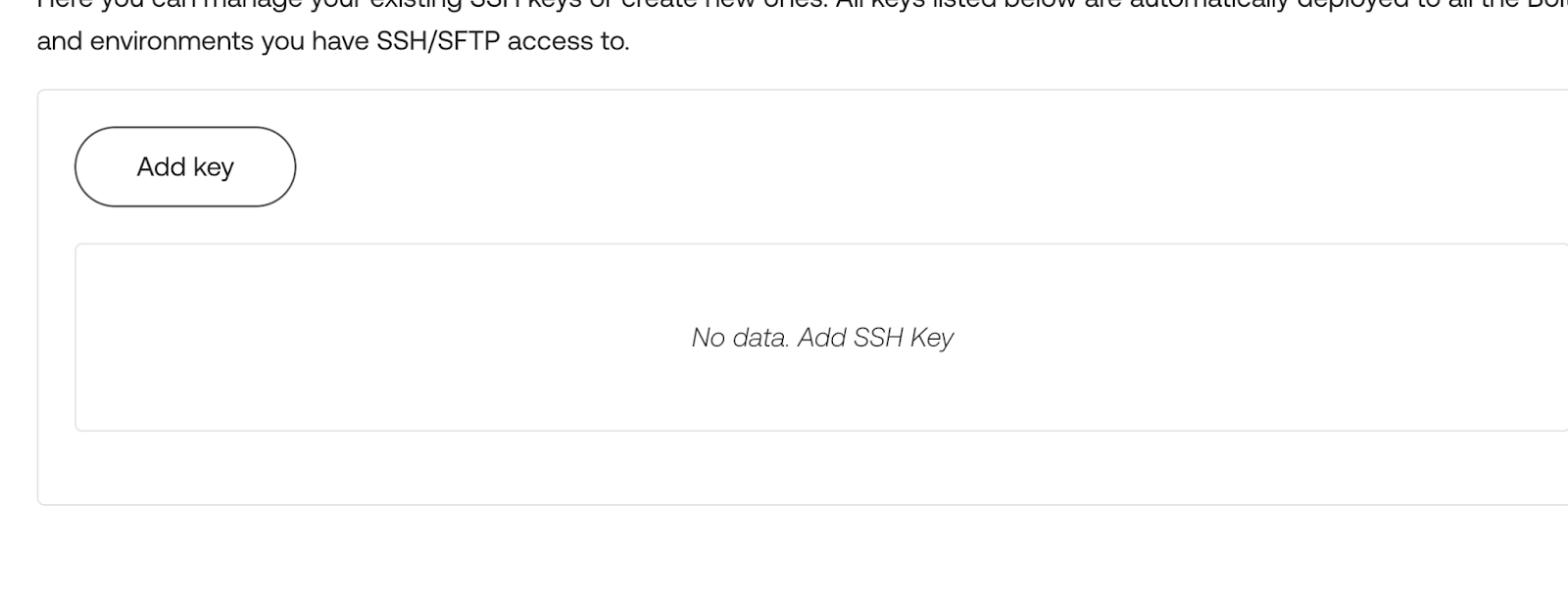 Emtpy overview of added SSH keys.