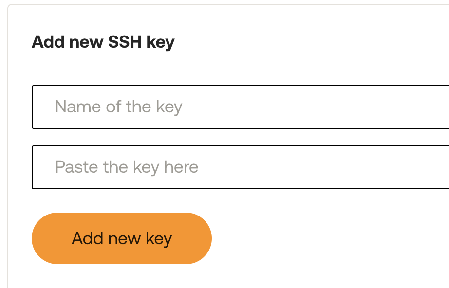 Fields used to add new SSH keys in the dashboard.